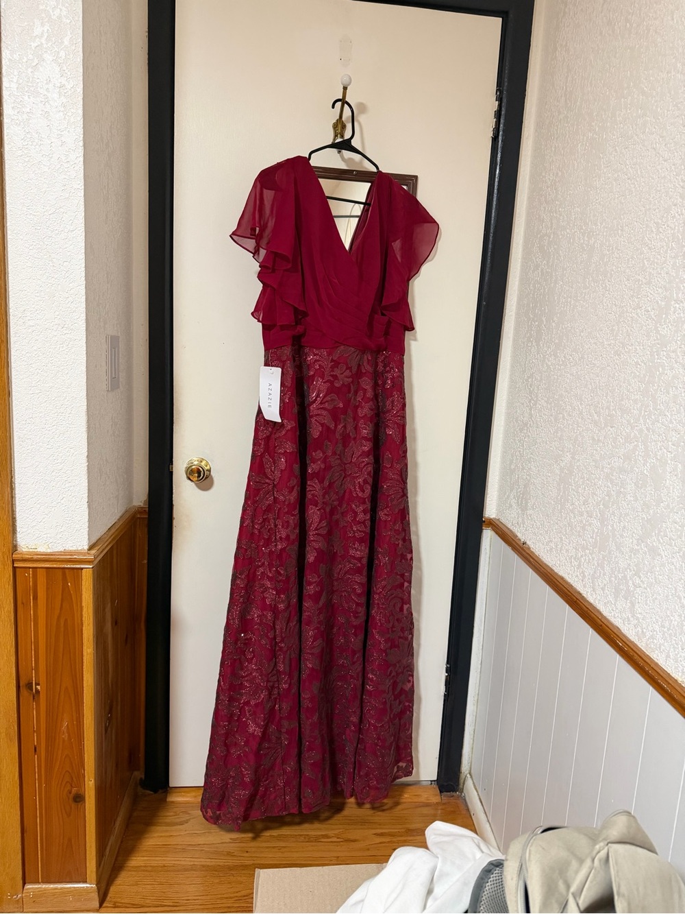 Azazie Burgundy V-Neck Maxi Dress with Flutter Sleeves